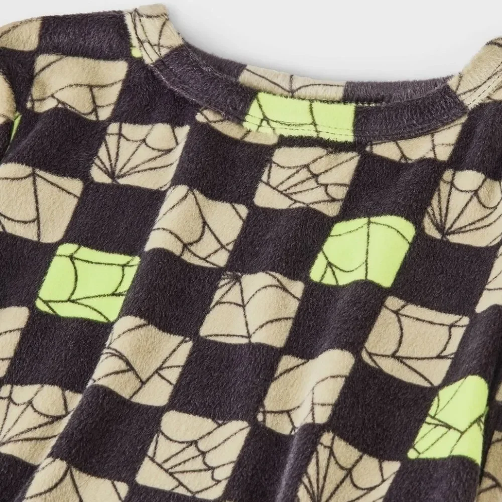 New Toddler Snuggly Soft Checkered Spiderweb Halloween Pajama Set 2T